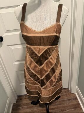 BCBGMaxAzria Brown and Tan Chevron Satin Mini Dress - Size 6